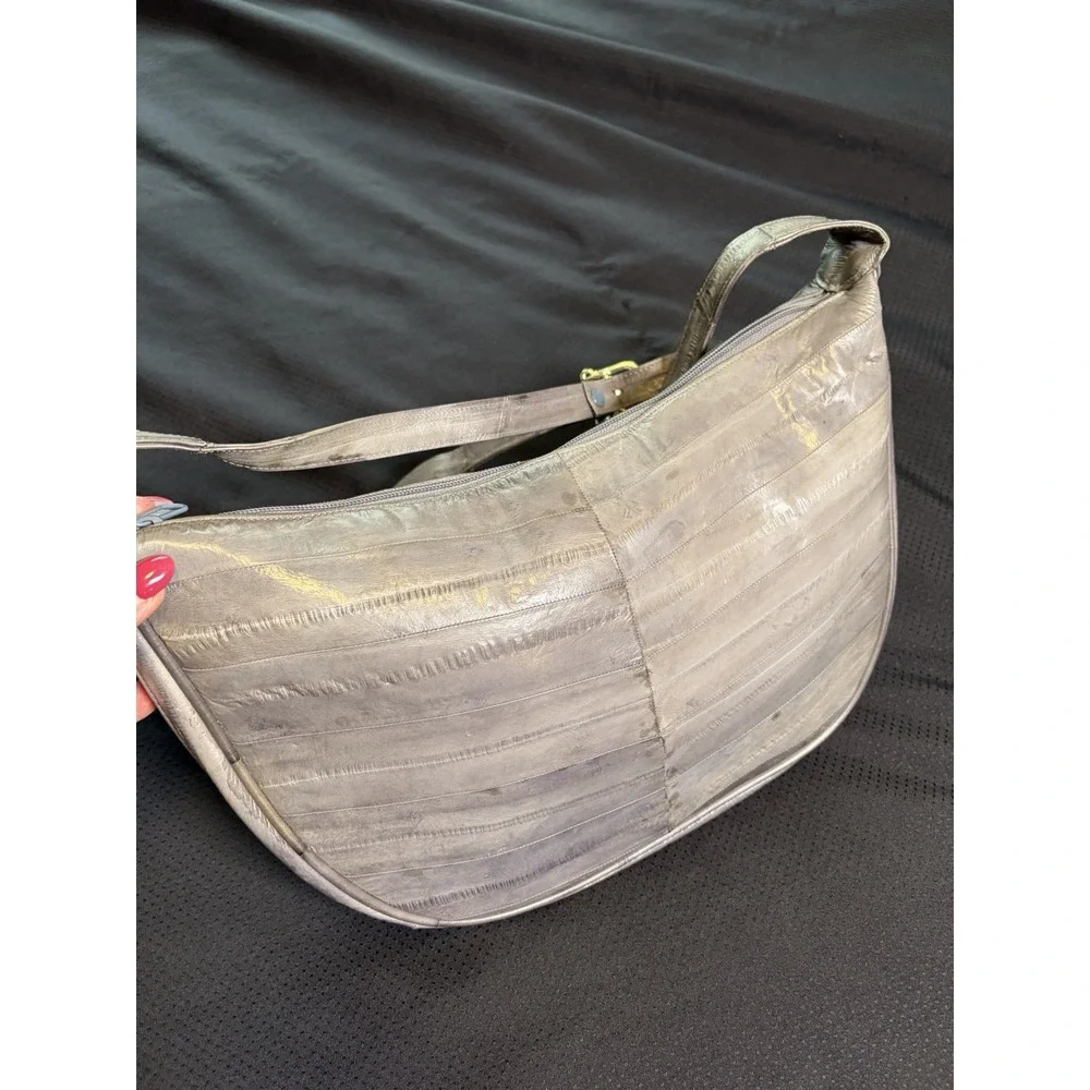VTG Genuine Eel Skin Leather Gray Shoulder Handbag~Large 13